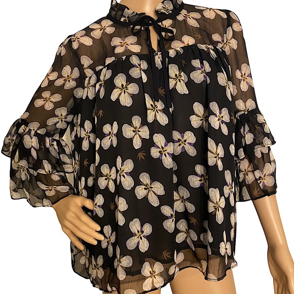 GLAM LOS ANGELES  | SHEER FLORAL BOHO RUFFLE SLEEVE BLOUSE - Picture 3 of 15